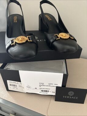 Versace Black Leather Slingback Heels with Gold Medusa Emblem